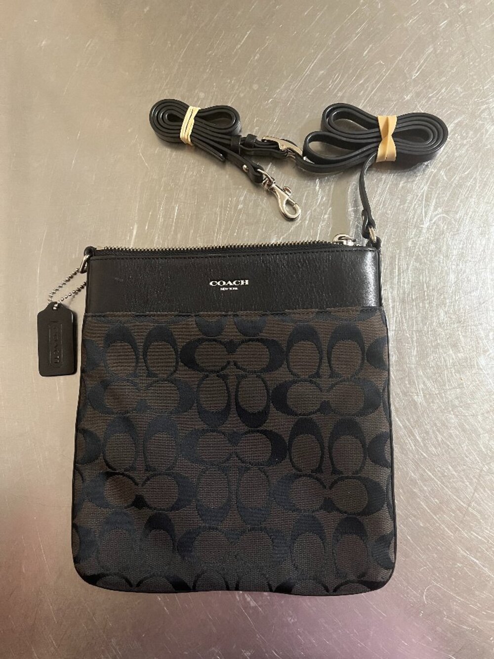 COACH Dark Brown Signature Jacquard Leather Crossbody Bag
